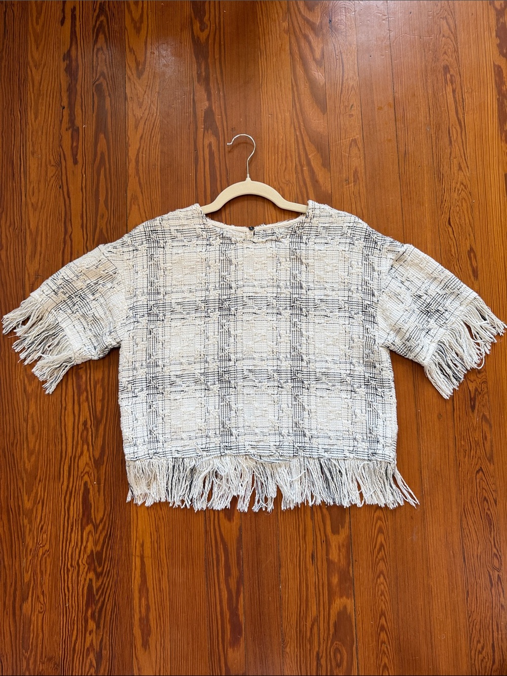 Cream and Black Fringed Plaid Tweed Textured Top